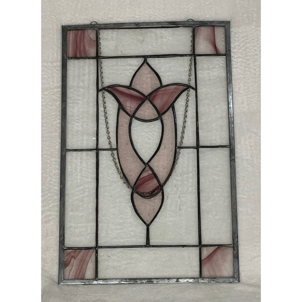 Vintage Stained Glass Suncatcher Panel Art Nouveau Tulip Pink Slag Glass 14x10